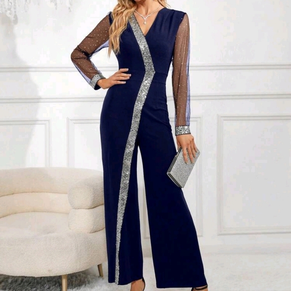 Mesh Inset Contrast Sequin Wide Leg Jumpsuit - Picture 1 of 6